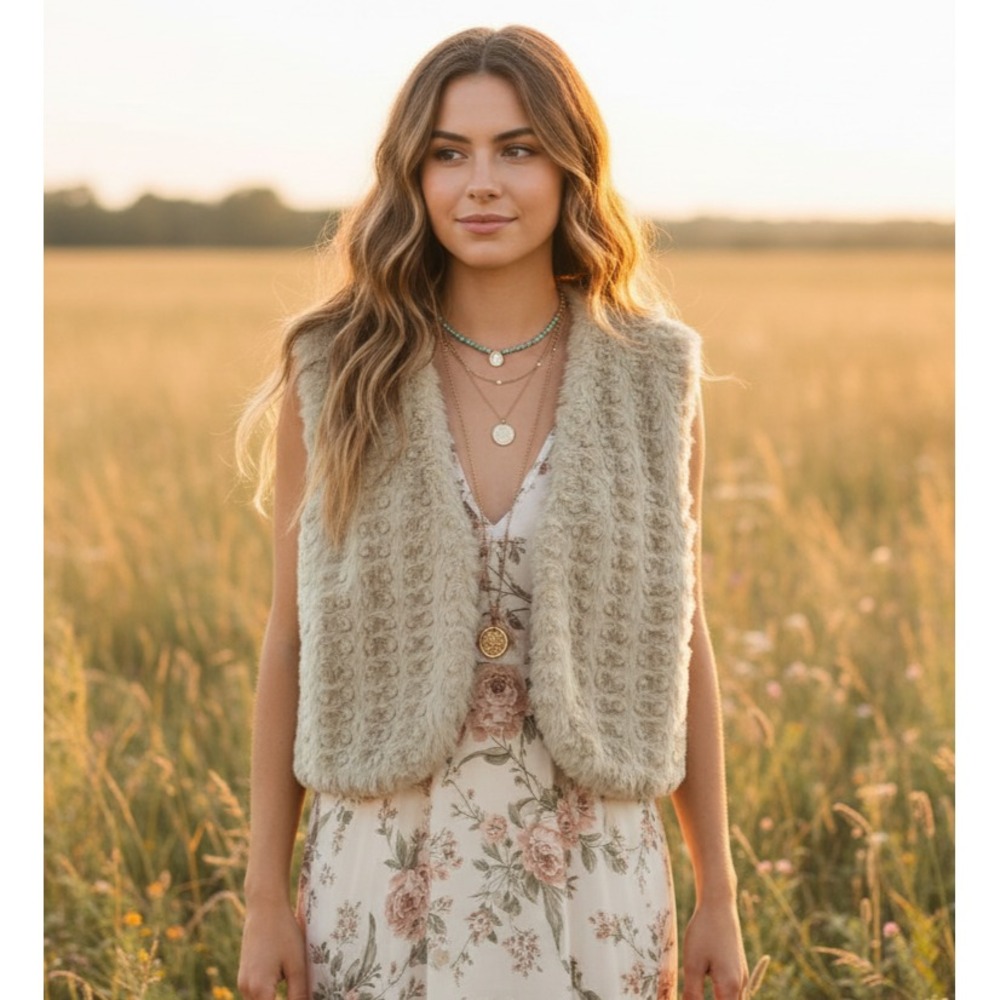 Cato XL Vest Faux Fur Soft Cream Beige‎ Jacket Boho Cottage Earthy Retro 90s Mod